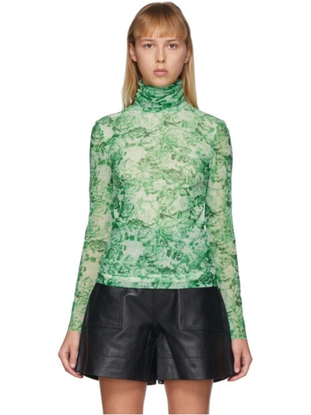 Ganni Green Floral Mesh Rollover Turtleneck Sheer Long Sleeve Top Fitted XS